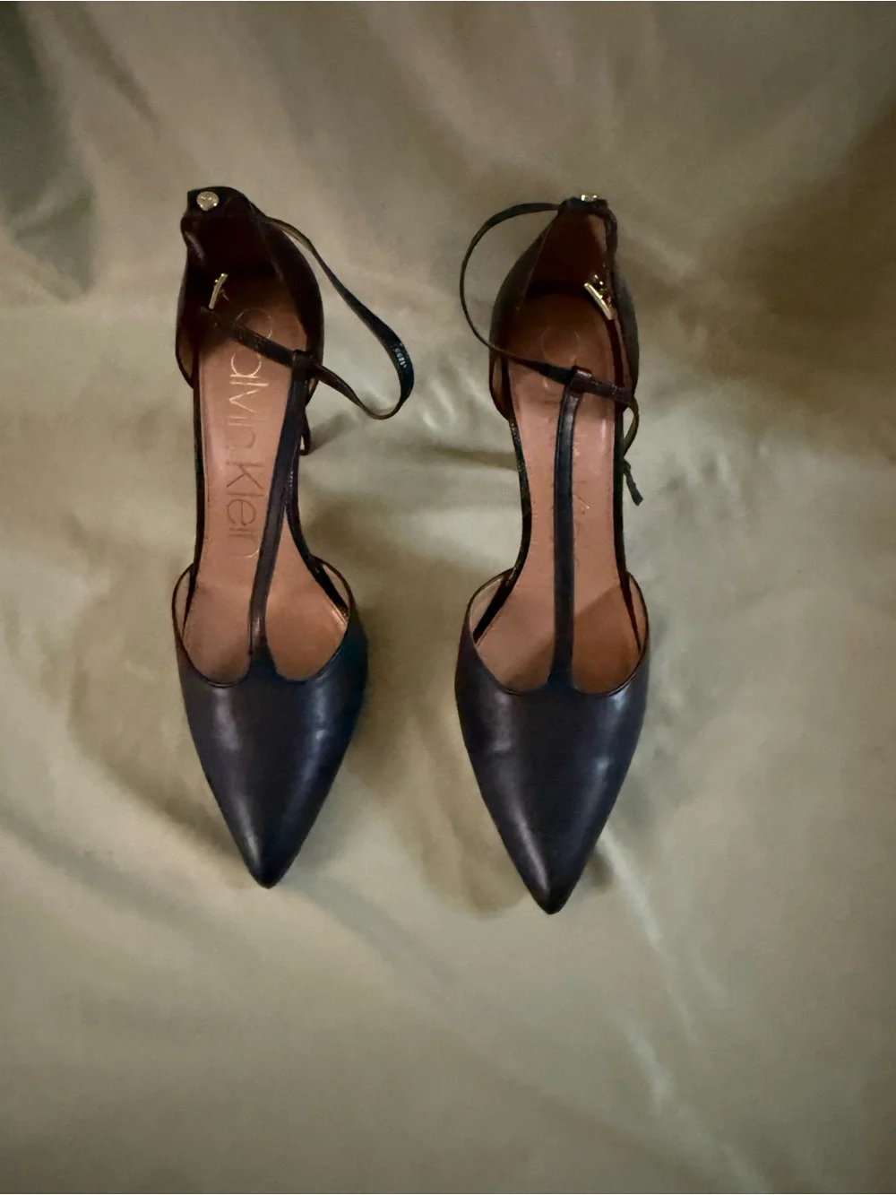 Calvin Klein Black Pointed T-Strap Heels
